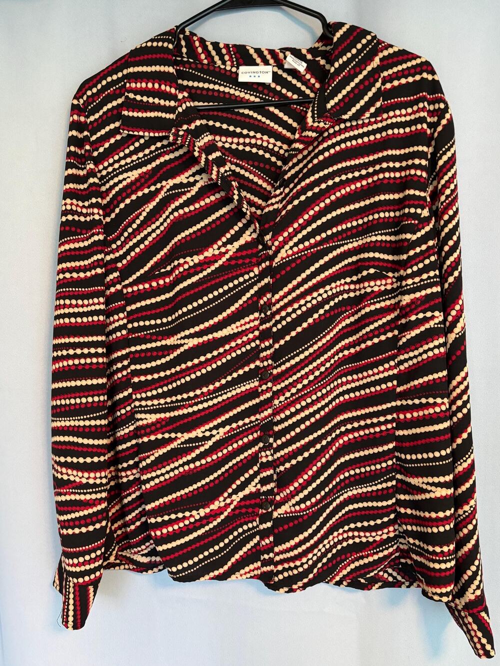 Vintage Covington Womens Red Black Gold Striped Long Sleeve Button-Up Blouse XLP